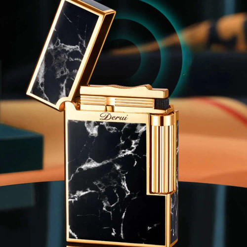 فندک گازی دروی (Derui) مشکی طلایی بغلزن Line 1 با جعبه چرمی اورجینال