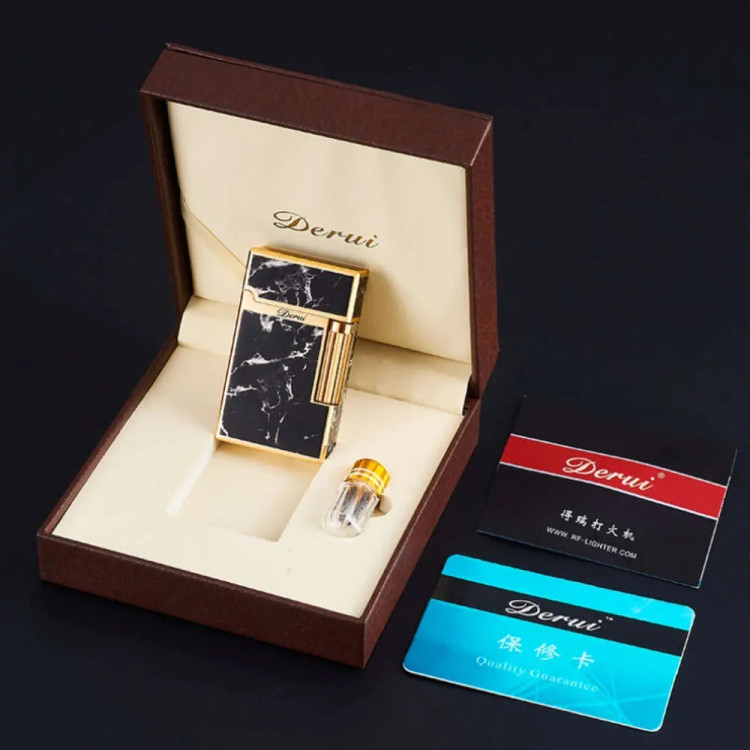 فندک گازی دروی (Derui) مشکی طلایی بغلزن Line 1 با جعبه چرمی اورجینال