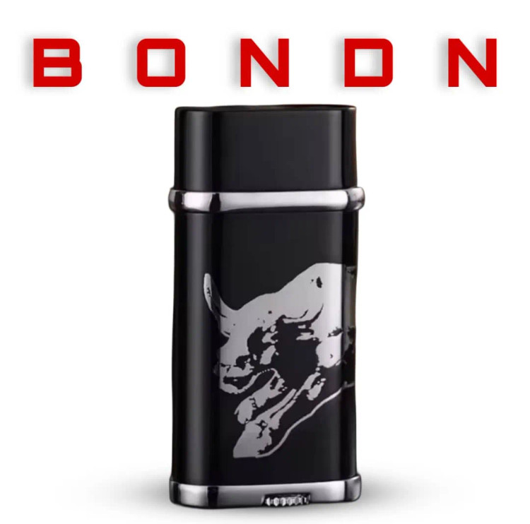 فندک گازی بندن(bondn) بدنه لاکی طرح گاو وحشی رنگ مشکی نقره ای