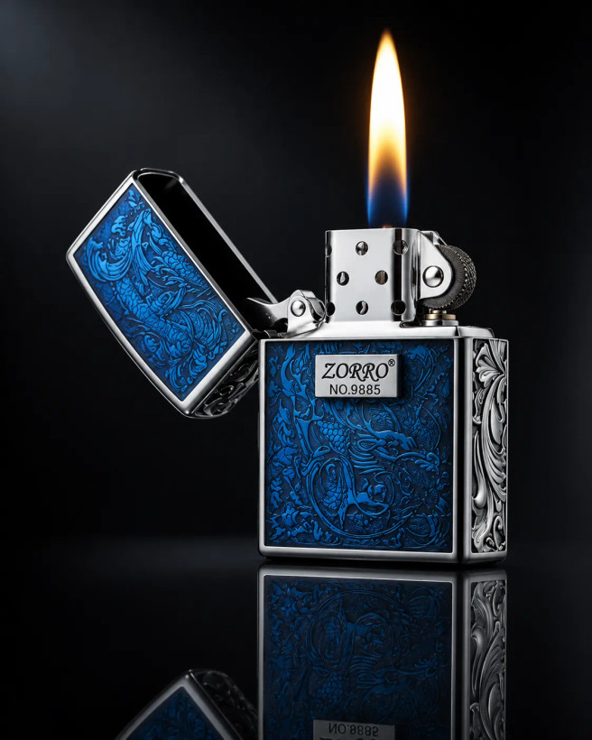 فندک بنزینی برند zorro طرح Divine Dragon رنگ آبی