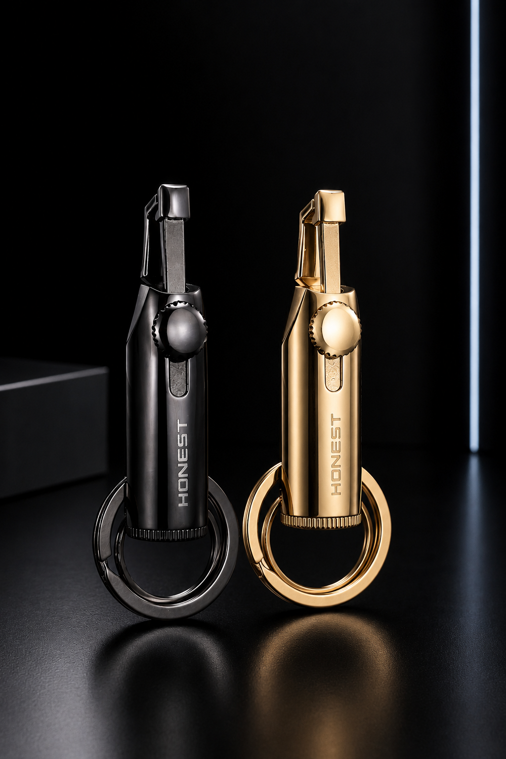Honest metal-body keychain with light, including original box.